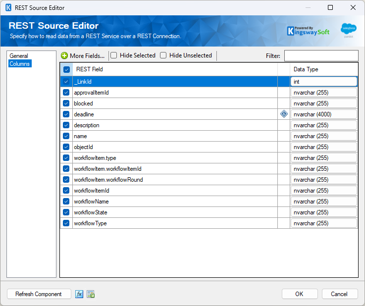 Salesforce Marketing Cloud REST Source Component - Columns